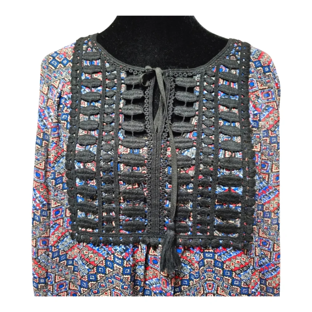 SIGNATURE STUDIO Women's Multicolor Peasant Blouse with Tie Neckline L